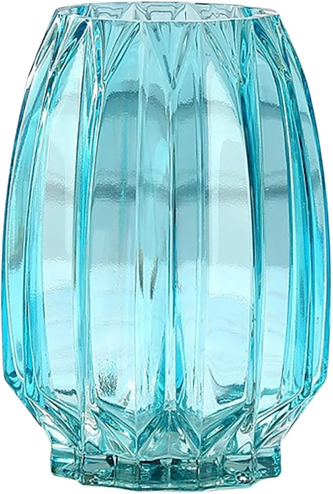 Modern Ribbed Blue Glass Vase for Flowers, Candles, and Decorative Accents - Tall/Short for Centerpieces and Table Decor (H8.0inch)