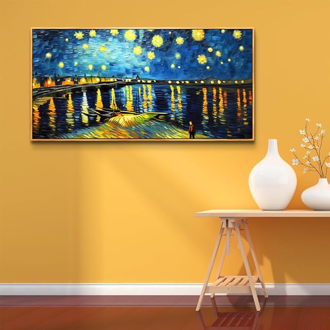 hyidecorart Abstract Blue Vintage Pictures Artwork Canvas Wall Art For Living Room Large Wall Decor For Office Modern Bedroom Decoration Night Scene Wall Paintings Home Decor Wood Framed 24x48