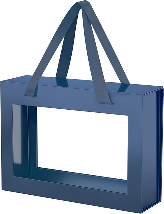 JINGUAN Navy Blue Gift Box with Window, Clear Magnetic Gift Box for Present, Groomsman Proposal Box (10.5x7.5x3 Inches)