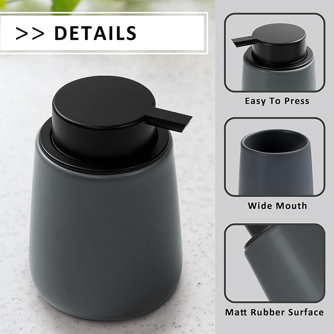 Soap Dispenser Ceramic with Easy-to-Press Pump Hand Lotion Liquid Dispenser for Shampoo Bathroom Kitchen 12 oz Grey