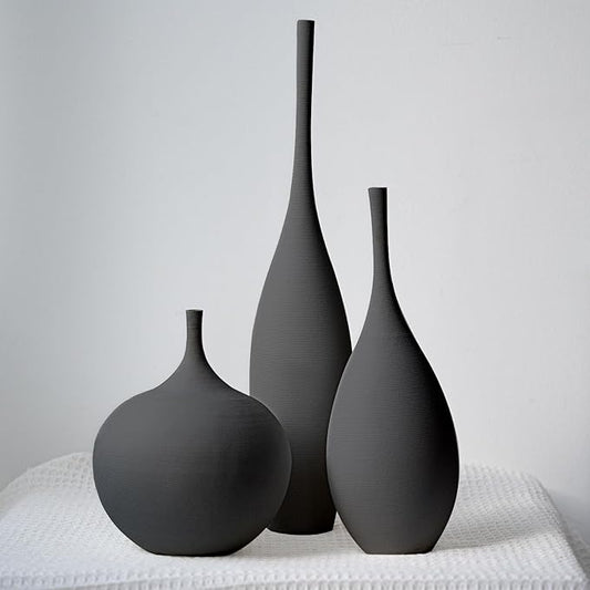 Black Ceramic Vase Modern Boho Wabi-Sabi Flower Vase Set of 3 Decorative Aesthetic Vases for Centerpieces Matte Minimalist Vases for Living Room Table Shelf Home Decor Gift