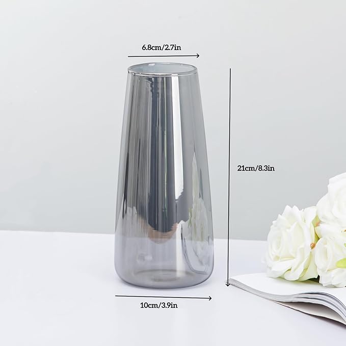 Crystal Clear Glass Vase, Flower Vase for Table Centerpiece Home Decor, Modern Vases for Living Room, Wedding, Office, Coffee Table, Birthday Housewarming Gift, 8.3inch (Gray)