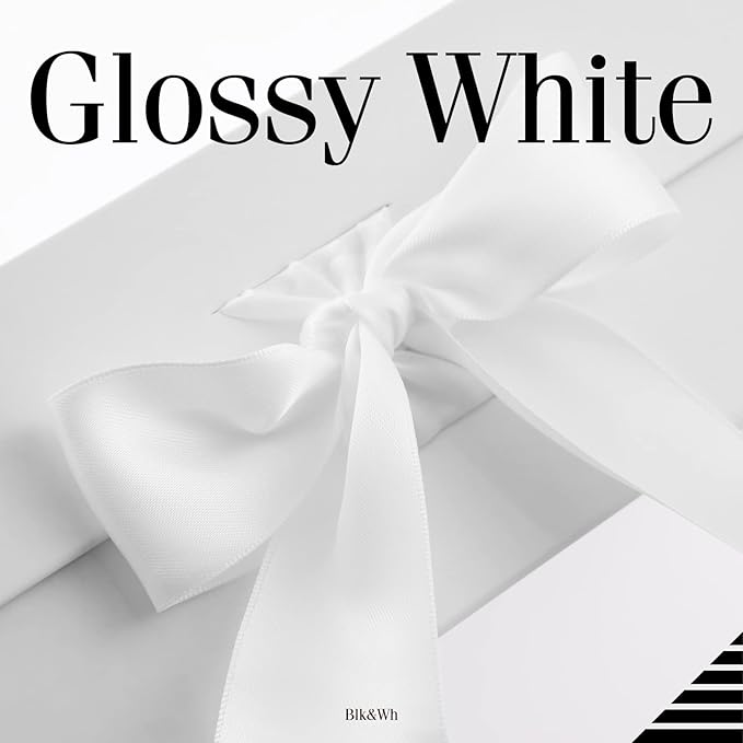 BLK&WH 6 Large Gift Boxes with Ribbon 13.5x9x4.1 Inches, White Gift Boxes with Lids Large, Bridesmaid Proposal Boxes, Luxury Magnetic Boxes for presents (Glossy White)