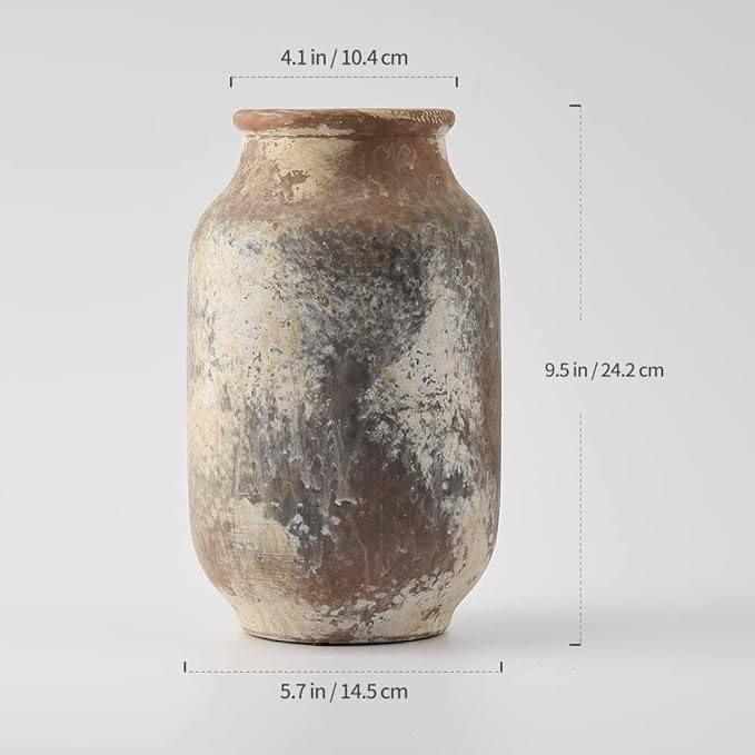 SIDUCAL Rustic Ceramic Farmhouse Flower Large Vase, Whitewashed Terra Cotta Vase, Pottery Decorative Flower for Home Decor, Table, Living Room Decoration, Shelf Decor, Mantel, 9.5 Inch, Terra