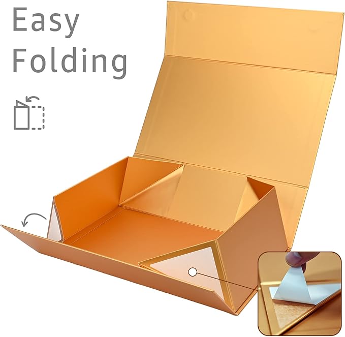 LIFELUM Gift Boxes with Lids,2 Pack 13.85 x 8.35 x 4.45 inch Gold Gift Boxes with Magnetic Lid and Ribbon, Card, Shredded Paper Filler Empty Gift Box for Christmas,Valentine's day,Birthdays