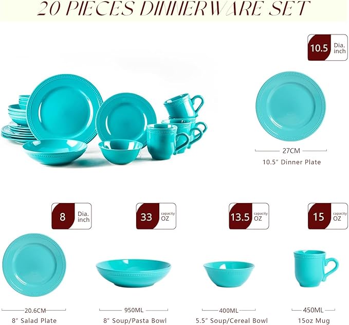Pearl Dots Stoneware Dinnerware Set (20pc Set, Turquoise)