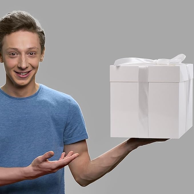 Jaywayang 5 Pack White Gift Boxes with Lids, Ribbons and Tissue Papers Square Gift Boxes - 7.1 Inch - Birthday, Wedding, Presents Wrapping, Mother's Day, Valentine's Day Decoration Party Favor Boxes.