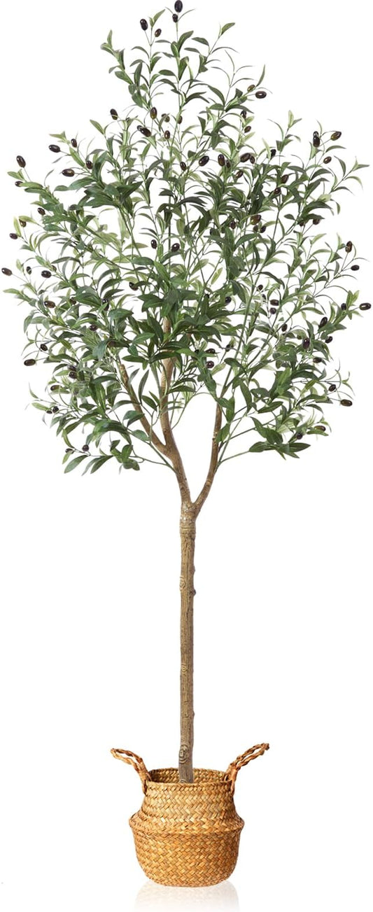 Artificial Olive Tree 6FT – Tall Faux Tree with Realistic Silk Leaves, Handmade Seagrass Basket, Low-Maintenance Large Fake Plants for Modern Office, Floor & Home Decor, Living Room, Indoor Plants