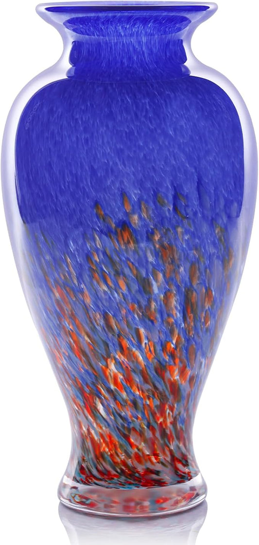 Hand Blown Glass Vase 11.8" Tall Beautiful Dark Blue Sea Wide Mouth Bud Vase for Table Centerpiece, Painted Colorful Murano Glass Flower Vases for - Home Entrance Wedding Center