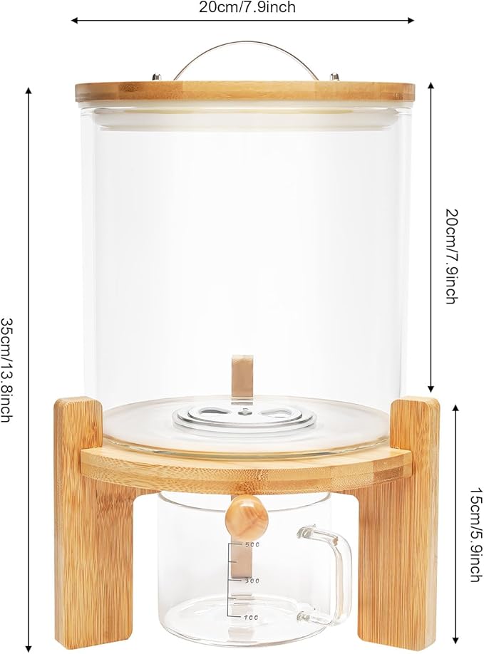 1.32gal Glass Rice Dispenser with Wooden Stand Flour and Cereal Container with Glass Measuring Cup Pantry Food Organization Storage Bin with Airtight Bamboo Lid for Coffee Beans Dry Food