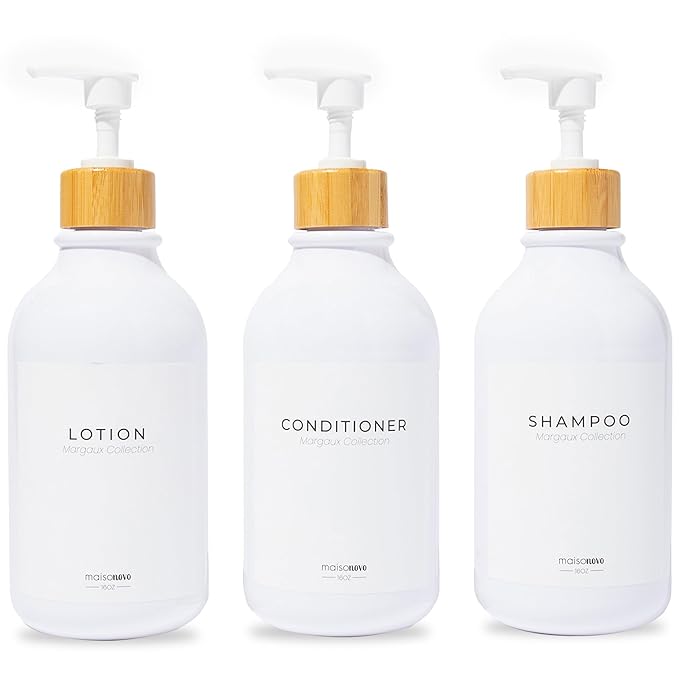 MaisoNovo Refillable Shampoo and Conditioner Bottles | 16.9 fl oz Set of 3 White Plastic Bottles White Bamboo Pumps