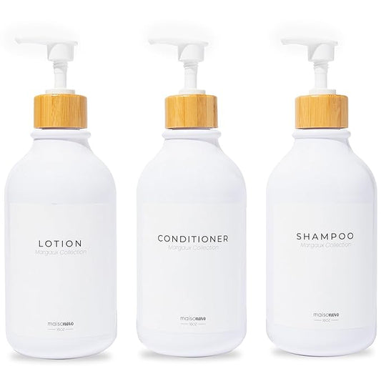 MaisoNovo Refillable Shampoo and Conditioner Bottles | 16.9 fl oz Set of 3 White Plastic Bottles White Bamboo Pumps