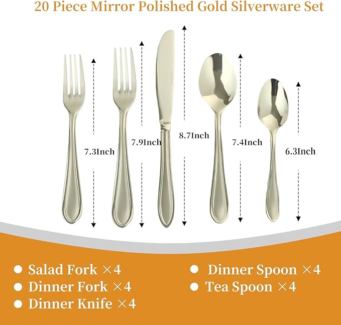 Champagne Silverware Set, 20-Piece Stainless Steel Champagne Flatware, 18/0 Stainless Steel Utensils, Dishwasher Safe, Modern Tableware for Home & Kitchen Dining
