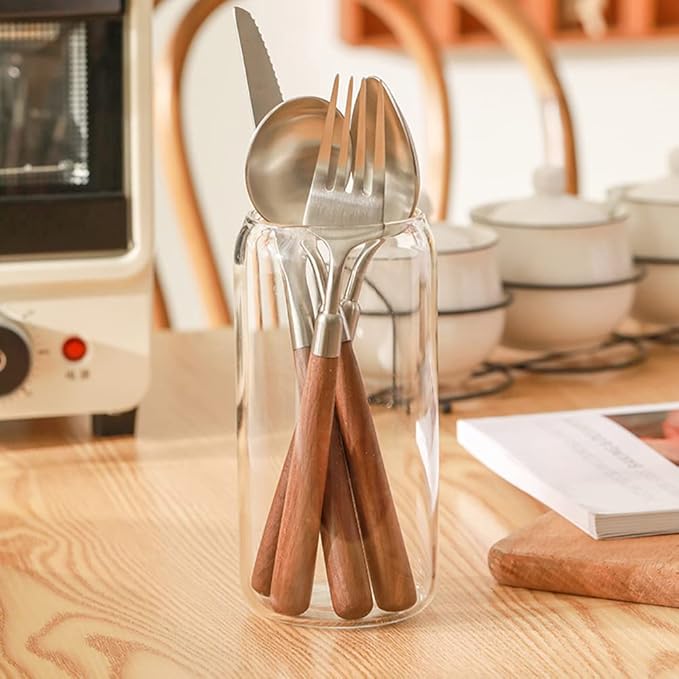 Wood Silverware Set for 8 Wooden Flatware Cutlery Utensils Set 18/10 Stainless Steel Walnut Handle 32 Piece Include Knives Forks and Spoons Tableware Set for Home Kitchen Wedding Restaurant