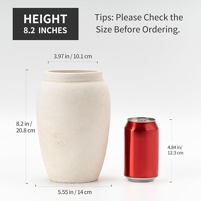 Ceramic Vase, 8.2 Inches Vintage Pottery White Vases, Rustic Home Decor, Farmhouse Terra Cotta Vase for Living Room, Entryway, Floor, Holiday Wedding Christmas New Year Gifts-Beige