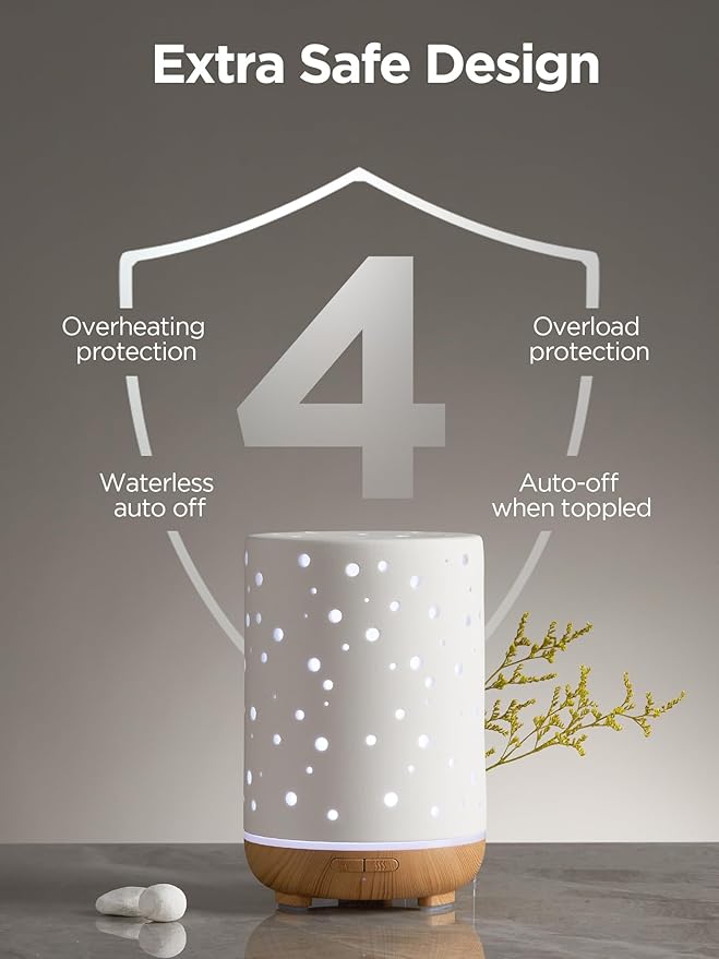 InnoGear Essential Oil Diffuser, 150ml Ceramic Ultrasonic Air Humidifier Cool Mist Aromatherapy Diffuser with 2 Mist Modes, Waterless Auto Off for Home Office, White