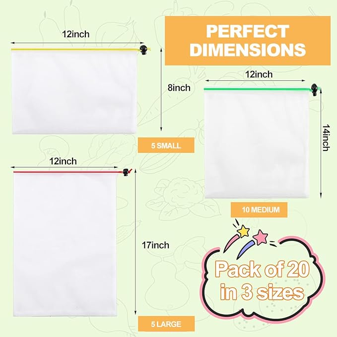 20 Pack Reusable Produce Bags, Washable Produce Mesh Bags, Durable Vegetable Fruits Bag, See-Through Toy Storage Mesh Bag with Drawstring for Fruits Vegetables Fridge Storage Toys, 3 Sizes