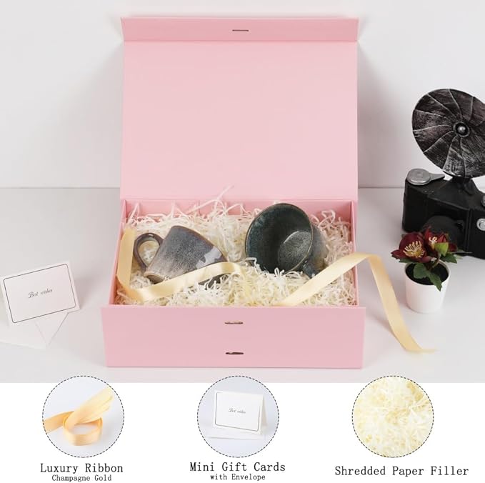 BoxSkivra Large Gift Boxes with Lids 5 Pack 13X9X4 Inch Large Pink Gift Box with Ribbon Foldable Gift Boxes for Presents、Bridesmaid Proposal Box、Wedding Gifts、Shredded Paper Filler & Cards