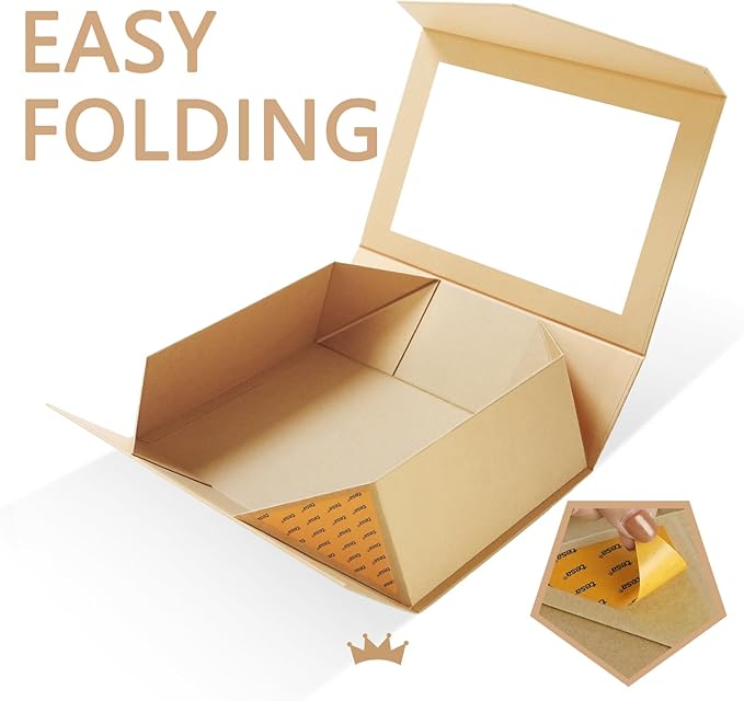 PACKQUEEN 5 Large Kraft Gift Boxes with Windows, 13.5x9x4.1 Inches Clear Gift Boxes for Presents Contain Ribbons, Cards, Groomsmen Proposal Boxes, Boxes with Magnetic Lids