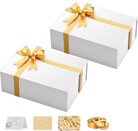 HongCai printing Large Gift Box with Lids White: 2 Pack 13.5×10×5 Inches Packaging with Magnetic Lid - Holds Valentines Christmas Bridesmaid Gifts - Ideal for Couples Friends Family