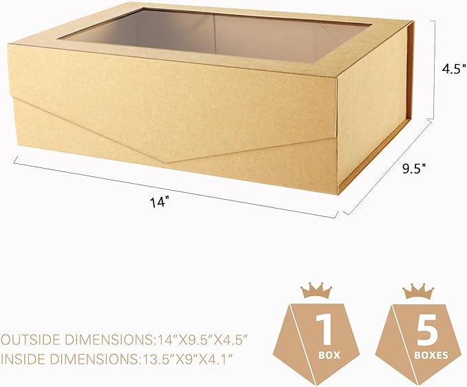 PACKQUEEN Large Kraft Gift Box with Window, 13.5x9x4.1 Inches Clear Gift Box for Present Contains Ribbon, Card, Groomsman Proposal Box with Magnetic Lid