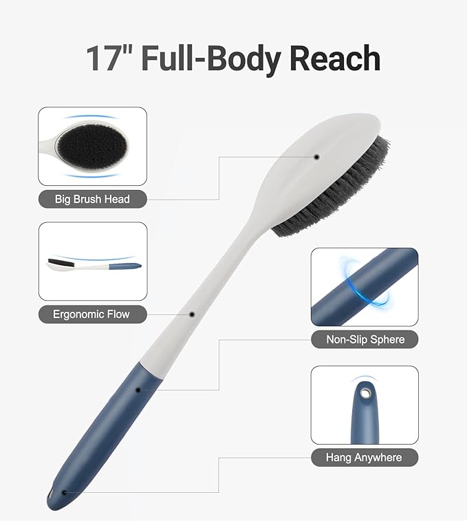 surlees Back Brush for Shower for Men & Women 17" | Body Brush for Wet & Dry Brushing | Exfoliating Body Scrubber & Back Scrubber | Shower Brush with Long Handle (Blue, Scrub Force 5-7)