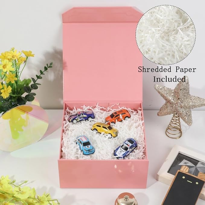 6 Pcs 8x8x4 Inch Pink Magnetic Gift Box Small Magnetic Box with Crinkle Paper Pink Small Gift Box with Shredded Paper Luxury Gift Boxes with Lids for Presents
