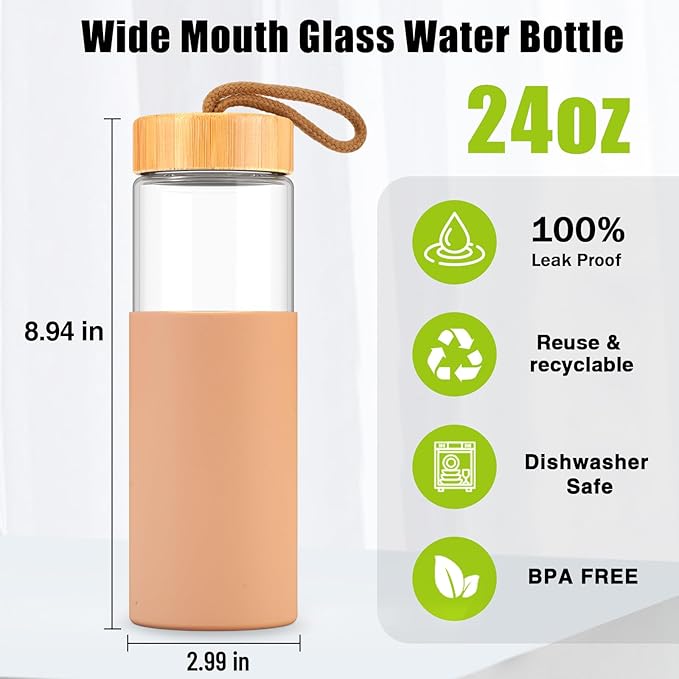 Tronco 24oz Glass Water Bottles with Bamboo Lid & Silicone Sleeve, Leak Proof, BPA Free, Reusable Borosilicate Glass Bottles for Juicing, Smoothies, Juice & Water, for Men & Women Gym, Office, Travel