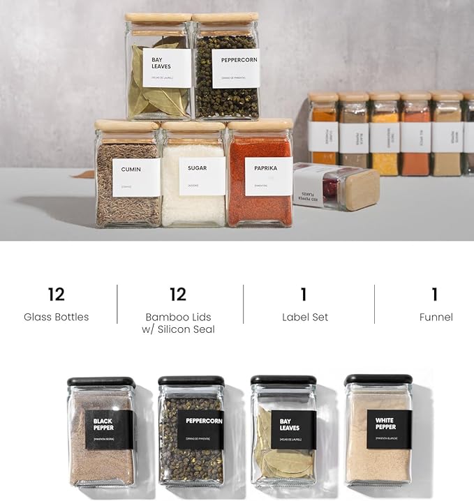 APT 1101 Glass Square Spice Jars with Labels, 4oz Glass Jars with Bamboo Lids, Spice Bottles, Seasoning Organizer, 12 Pack (Black)