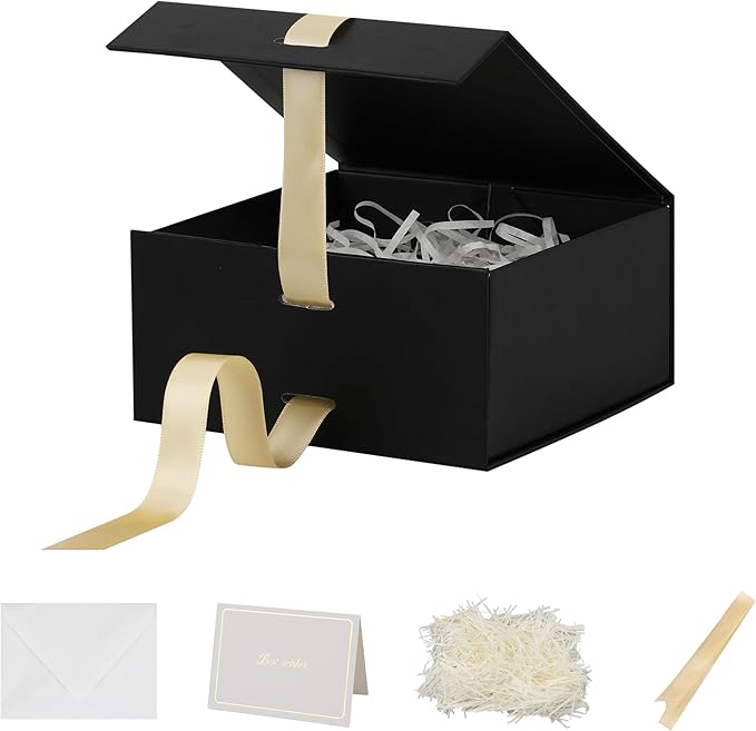 Skivra Black Gift Box with Ribbon - 1 Pack, 6x6x3 Inch Small Rectangle Collapsible Luxury Gift Box with Magnetic Lid Closure, Shredded Paper Filler & Card