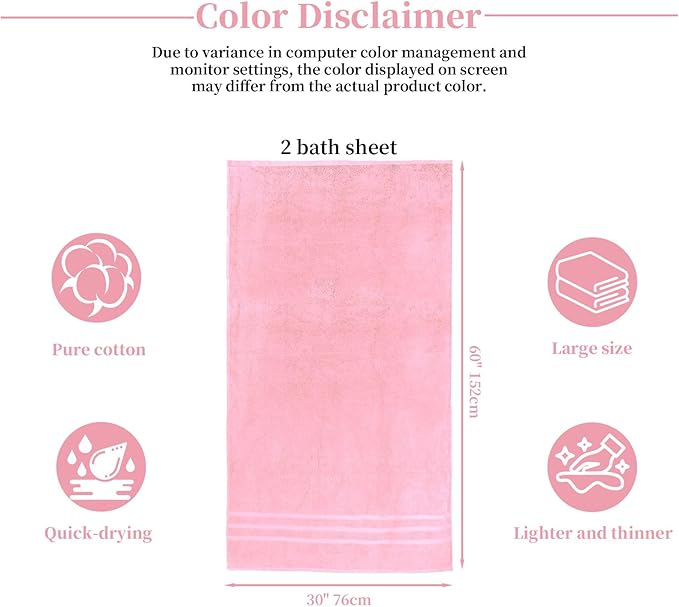 Cotton Bath Towel – Large 30x60 Inches, Soft, Thick & Absorbent Towel for Bathroom, Spa, or Home Use (Pink, 4 Pack – 30"x60")
