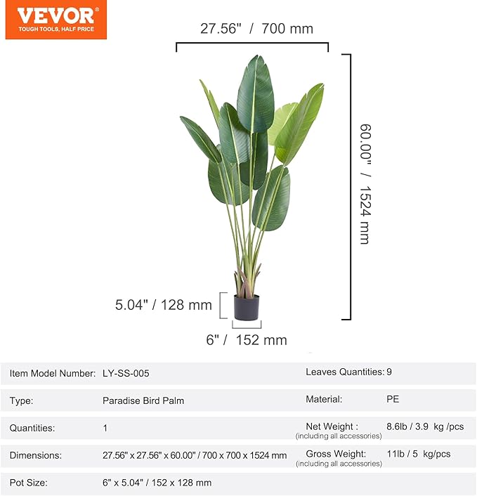 VEVOR Artificial Bird of Paradise Tree, 5 FT Tall Faux Plant, PE Material & Anti-Tip Tilt Protection Low-Maintenance Plant, Lifelike Green Fake Tree for Home Office Warehouse Decor Indoor Outdoor