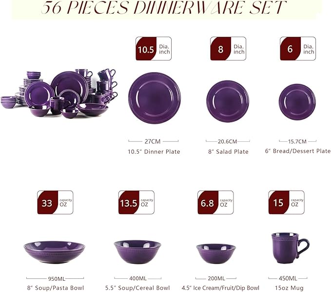 Pearl Dots Stoneware Dinnerware Set (Purple, 56pc Set)