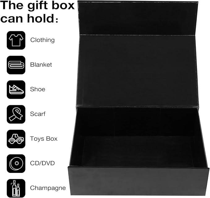 Aimyoo Large Black Collapsible Gift Box with Magnetic Closure Lids 13.8x9x4.3 in, Bridesmaid Groomsman Proposal Boxes, Rectangle Present Box for Graduation Birthday Storage (1 Pack)