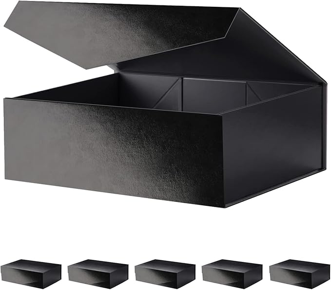 Large Black Collapsible Gift Boxes with Magnetic Closure Lids 13.5x9x4.1 Inches, Groomsmen Proposal Boxes, Rectangle Present Boxes (Glossy Black, 6 Pack)