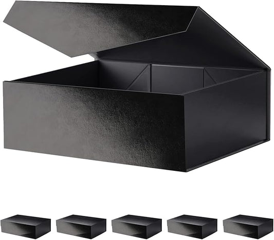 Large Black Collapsible Gift Boxes with Magnetic Closure Lids 13.5x9x4.1 Inches, Groomsmen Proposal Boxes, Rectangle Present Boxes (Glossy Black, 6 Pack)