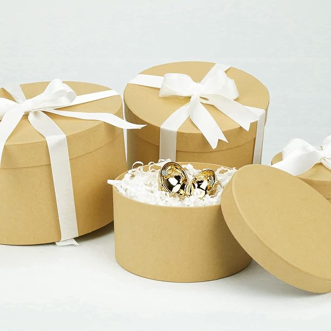 Bengnkes Round Gift Box Kraft Gift Boxes with Lids for Presents 4 Packs Luxury Nesting Gift Boxes Small with 17ft Ribbon for Bridesmaid Valentines Mother's day Graduation