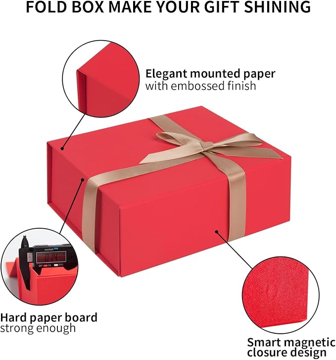 LIFELUM Christmas Gift Box 8 x 7 x 3 inch Red Gift Boxes for Presents with Ribbon Valentine's Bridesmaid Boxes Contains Card, Ribbon, Shredded Paper Filler for Packing