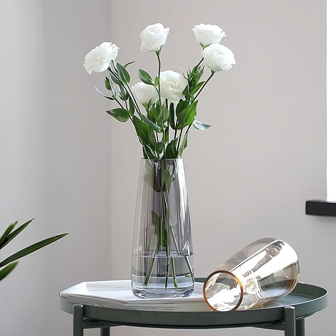 Crystal Clear Glass Vase, Flower Vase for Table Centerpiece Home Decor, Modern Vases for Living Room, Wedding, Office, Coffee Table, Birthday Housewarming Gift, 8.3inch (Gray)