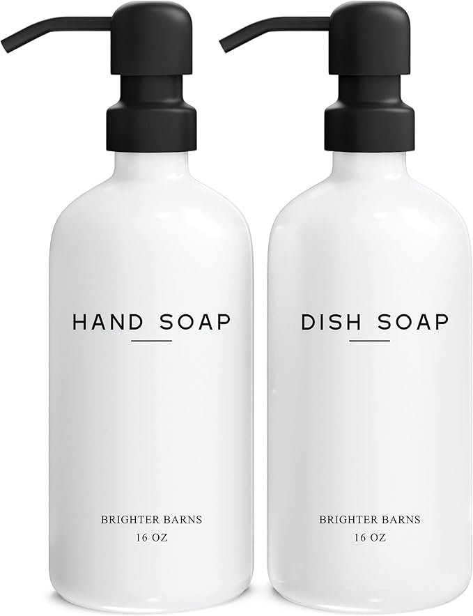 White Glass Hand and Dish Soap Dispenser Set by Brighter Barns - Kitchen Soap Dispenser & Stainless Steel Pump - Glass Bottles for Kitchen Sink - Farmhouse Home Decor, Bathroom Accessories (White)