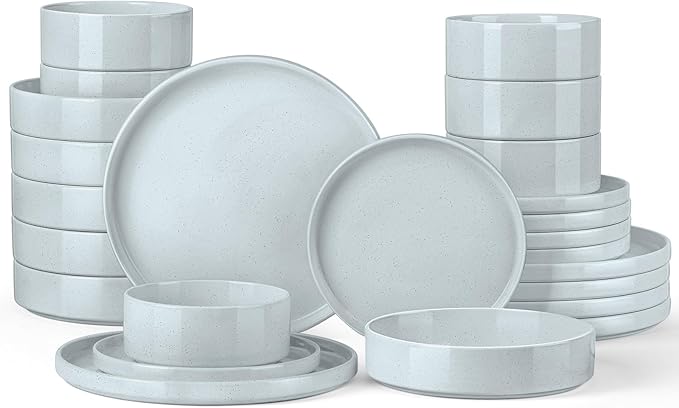 Onader Dinnerware sets, 24 Piece Plates and Bowls, Stoneware Kitchen Dinner Dish Set for 6, Ceramic Speckled Dinnerware with Pasta Bowl - Slate Gray