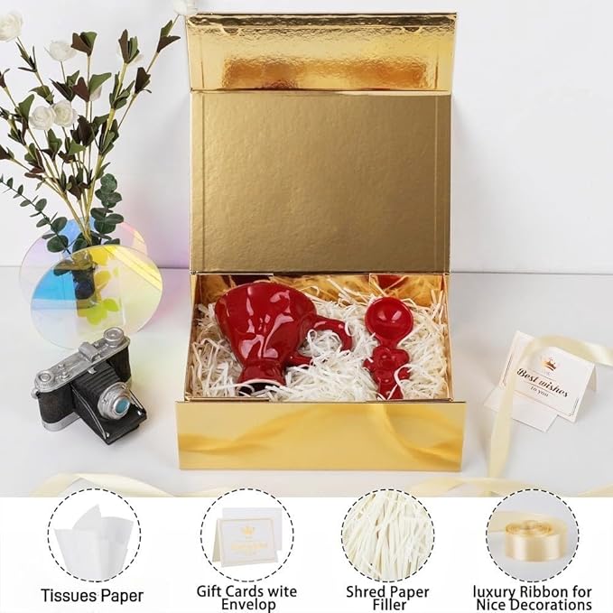 UoeRing 6 Pack Gold Gift Box 11.5x8x4 inch Luxury Gift Box for Presents with Magnetic Lid Collapsible,Bridesmaid Proposal,Contains Card, Ribbon, Tissue Paper,Shredded Paper Fille