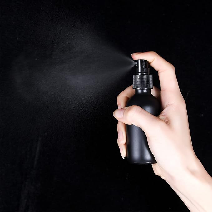 2oz Glass Spray Bottle, Fine Mist Boston Glass Bottles with Black Fine Mist Sprayer Small Clear Bottles for Essential Oils, Bath, Beauty, Hair & Cleaning, Black, Pack of 12