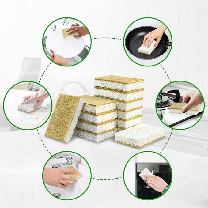 Natural Kitchen Sponge Compostable Kitchen Sponges Cellulose and Coconut Scrubber Abrasive Scrubbing Pads SmilePowo Environmentally Friendly Sponge for Dishes (12 Pack)