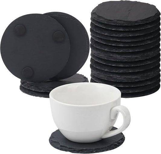 20 Pack 4 Inch Round Slate Coasters, Black Stone Coasters with Anti-Scratch Bottom, Ideal for Home Decor, Bar, Housewarming Gifts, and Laser Engraving KUKLIPJIM