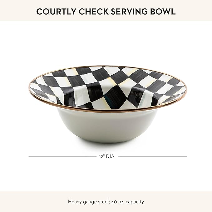 MACKENZIE-CHILDS Enamel Serving Bowl, Enamel Serveware Bowl, 12 Inches, Black-and-White Courtly Check
