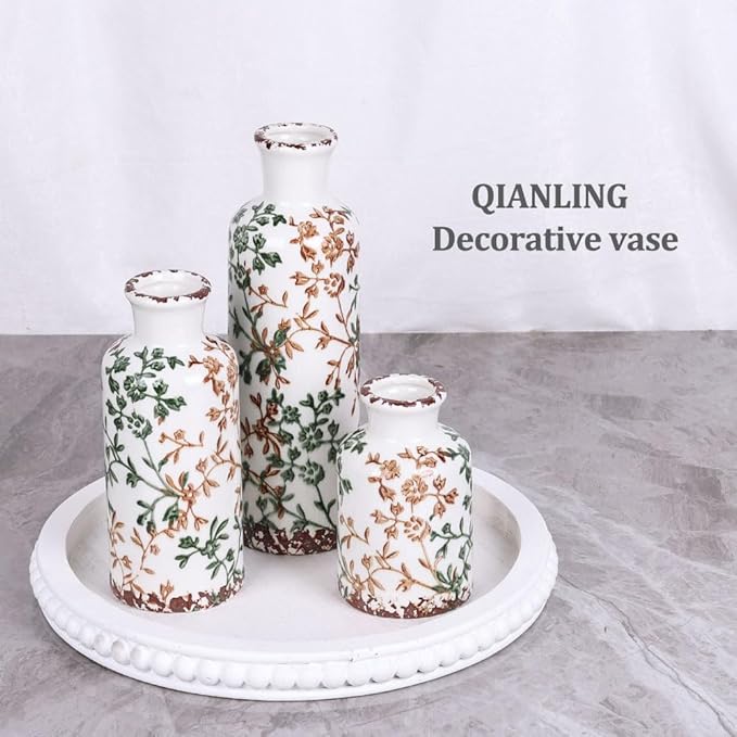 Ceramic Vase Set - 3 Ceramic Small Vases, Farmhouse Country Flower Vase Home Decor, Living Room Decoration, Table Decoration, Fireplace Decor, and Entrance Decorations Centerpiece