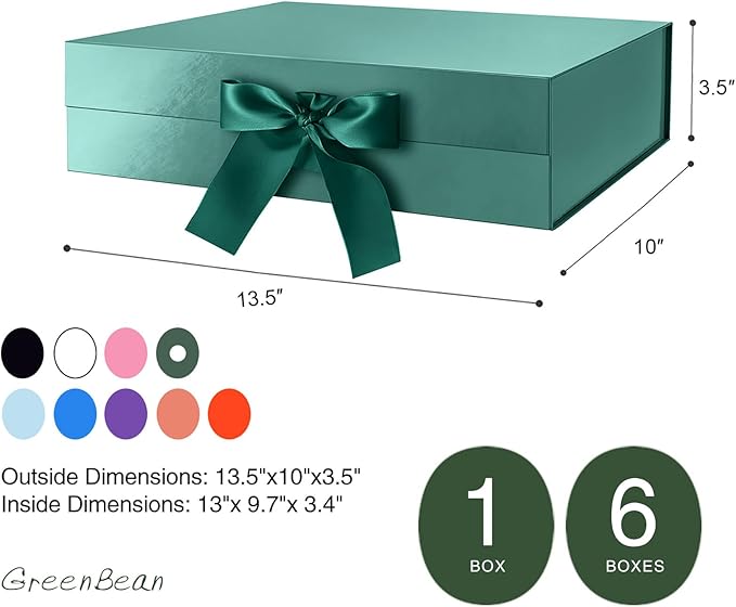 GREEN BEAN 6 Large Gift Boxes with Lids for Presents 13x9.7x3.4 Inches, Gift Box Green Magnetic Gift Boxes with Ribbon, Bridesmaid Proposal Box, Luxury Gift Boxes (Glossy Green)