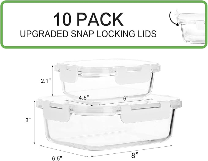 [10-Pack]Glass Meal Prep Containers with Lids, MCIRCO Glass Food Storage Containers with Snap Locking Lids, Airtight Lunch Containers, Microwave, Oven, Freezer and Dishwasher, White