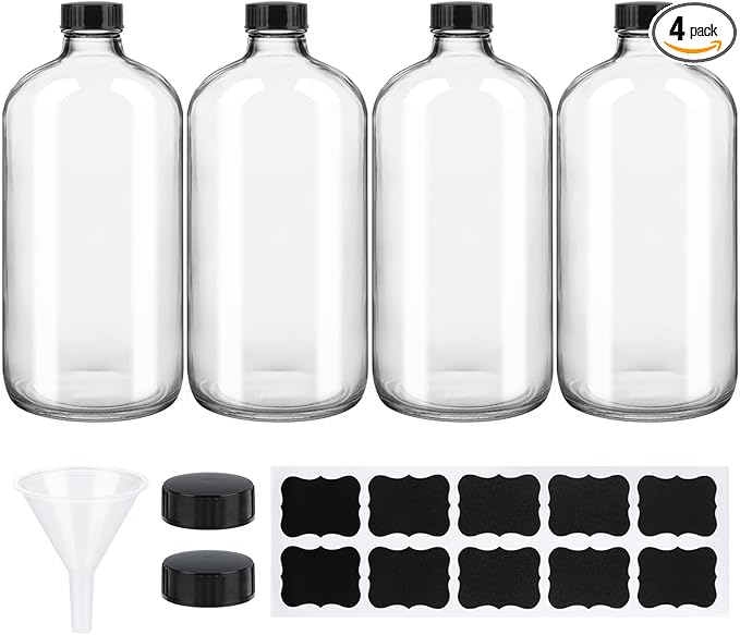 4 Pack 32 oz Clear Boston Round Glass Bottles with Black Caps for Secondary Kombucha Fermentation and Lab Chemicals (1 Funnel and 10 Pieces Black Chalkboard Labels Included)
